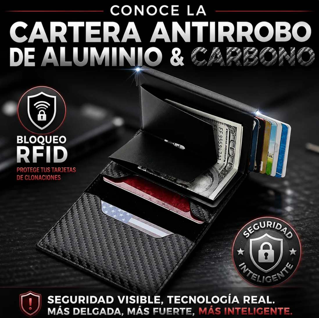 Cartera de Aluminio y Fibra de Carbono Antirrobo