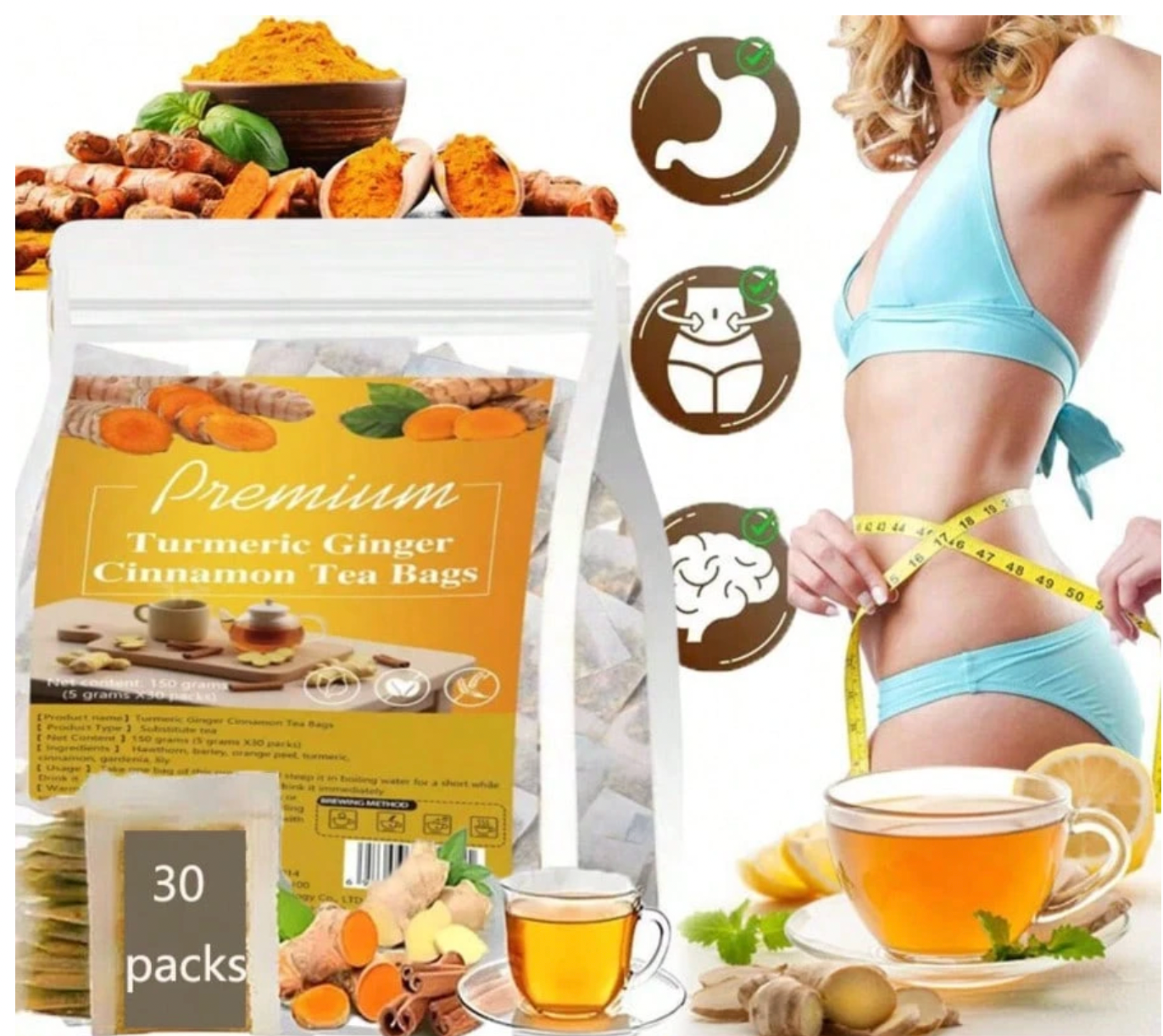 30 sobres de Premium té de cúrcuma, jengibre y canela