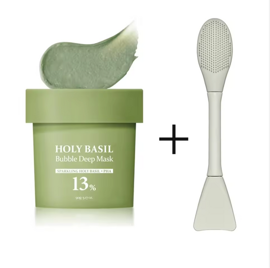 2x1 Mascarilla facial de burbujas de barro herbal de albahaca sagrada con humectante de agua carbonatada